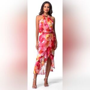 XSCAPE Petites Floral-Print Halter High-Low Dress NWT Size 10P Pink